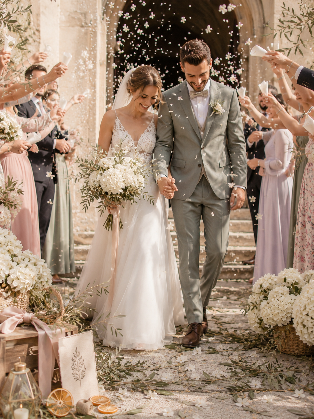 Mix Hortensia Blanc & Feuilles d'Olivier — confettis mariage biodégradables méditerranéen | The Originea
