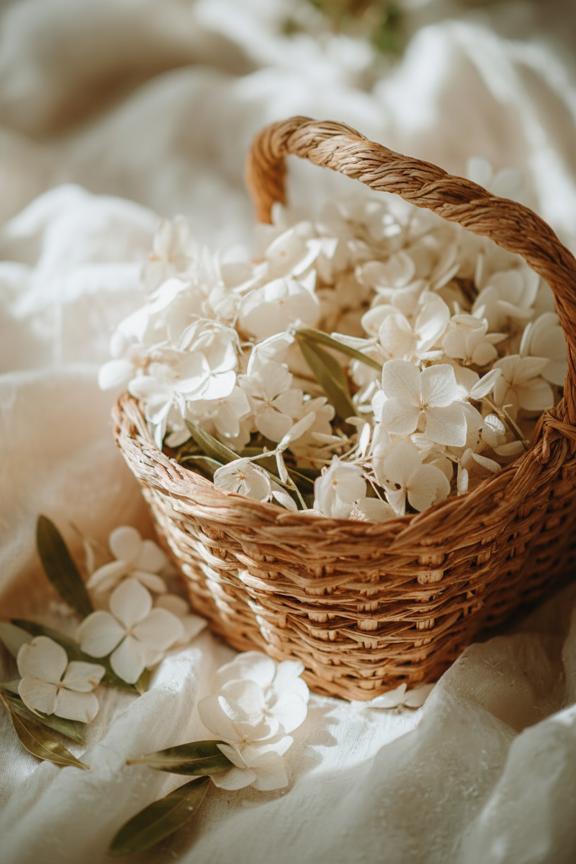 Mélange hortensia blanc et olivier séché pour lancer de cérémonie et chemin de pétales | The Originea