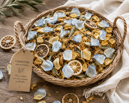 Mains tenant le Mix Mer Méditerranée — pétales bleu, ocre et olivier séchés pour mariage | The Originea