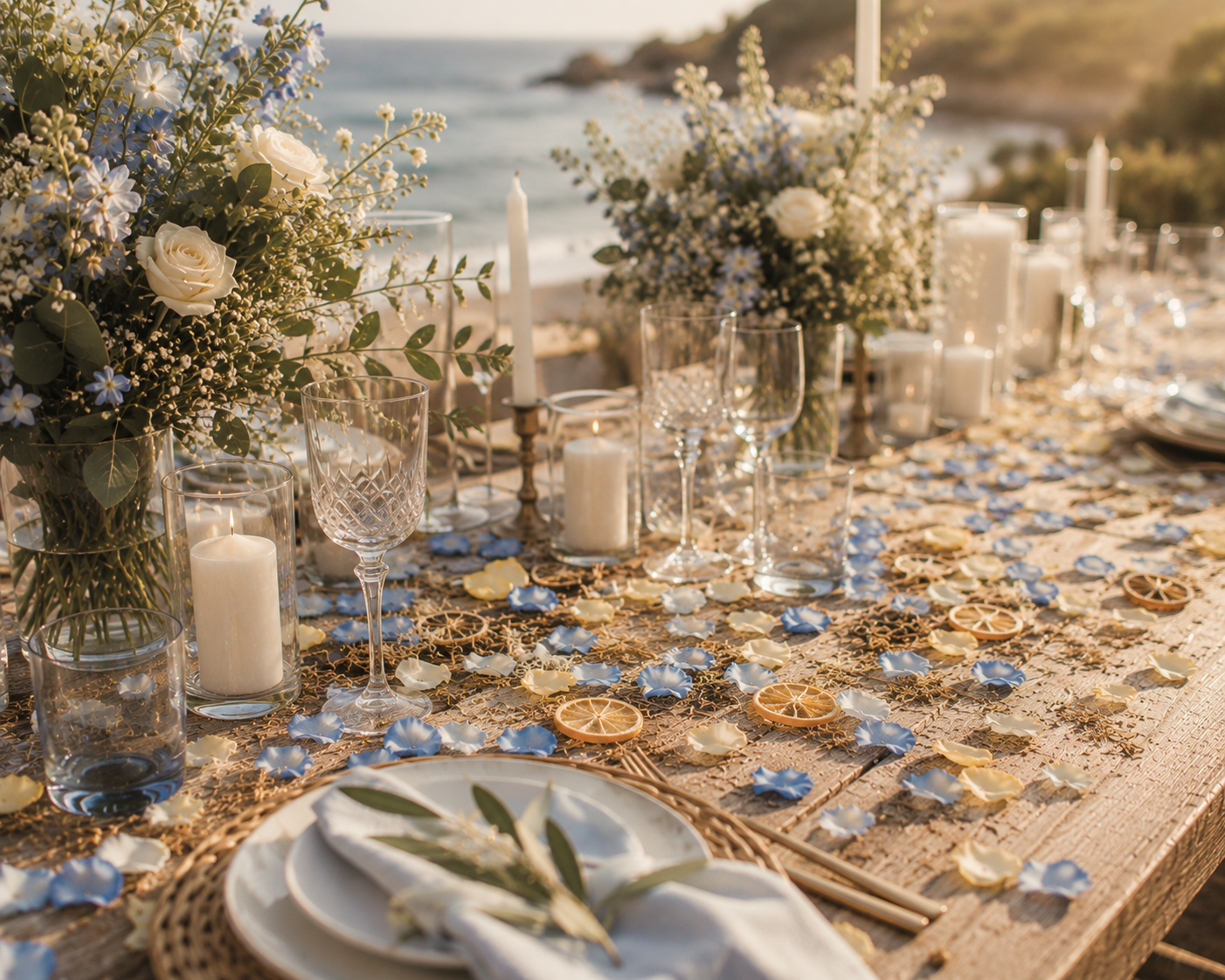 Ambiance bord de mer pour mariage avec confettis naturels Mix Méditerranée en bleu et ocre | The Originea
