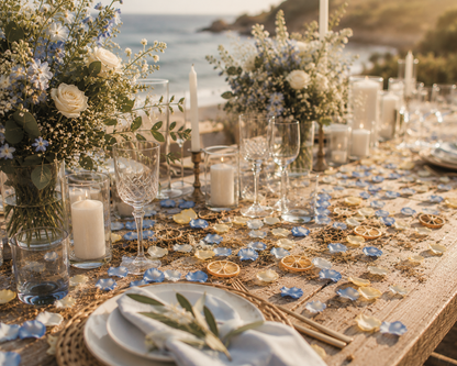 Ambiance bord de mer pour mariage avec confettis naturels Mix Méditerranée en bleu et ocre | The Originea