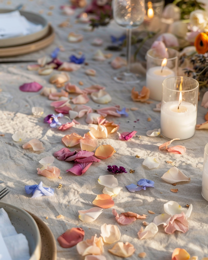 Table de mariage en lin avec pétales pastels multicolores éparpillés – rose, pêche, lilas, bleu, blanc | The Originea