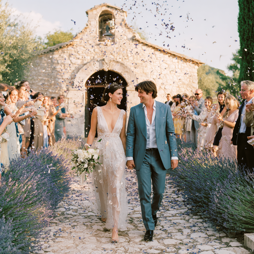 Mariés dans un champ de lavande provençal sous pluie de pétales d'hortensia lilas et blancs, chapelle en fond | The Originea
