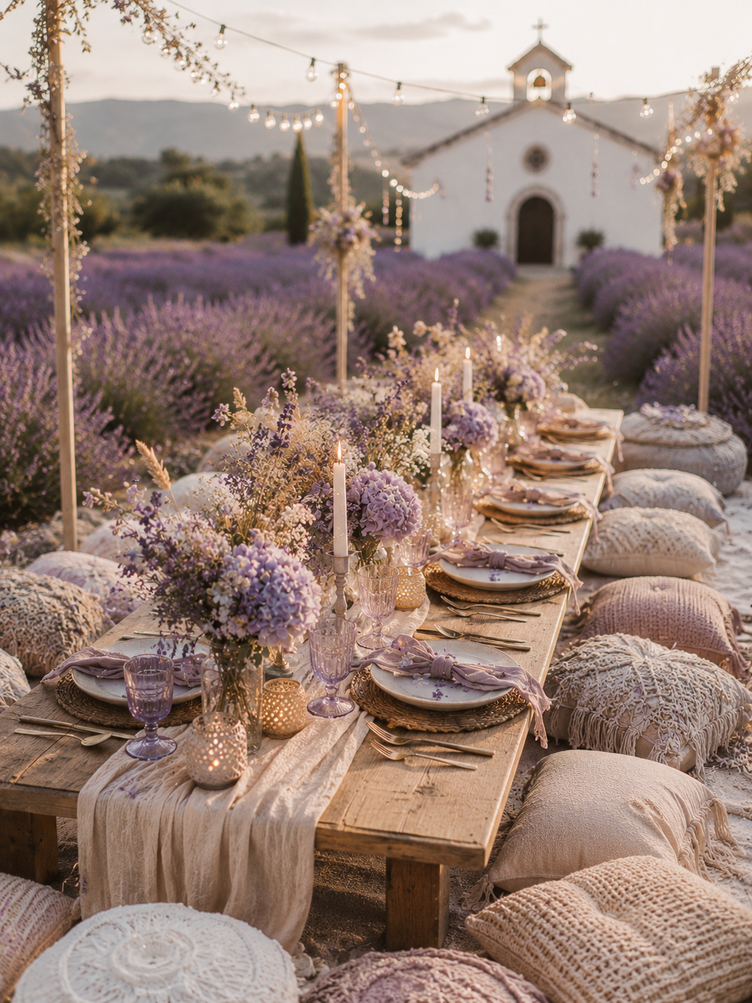Table de mariage bohème en champ de lavande avec hortensias lilas et blancs, guirlandes lumineuses et chapelle provençale | The Originea