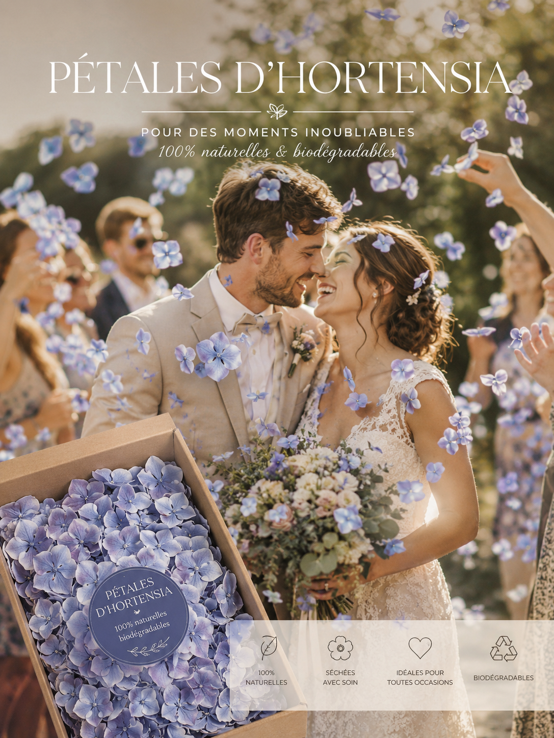 Affiche produit pétales d'hortensia séchés – mariés sous pluie d'hortensias bleus avec boîte kraft | The Originea