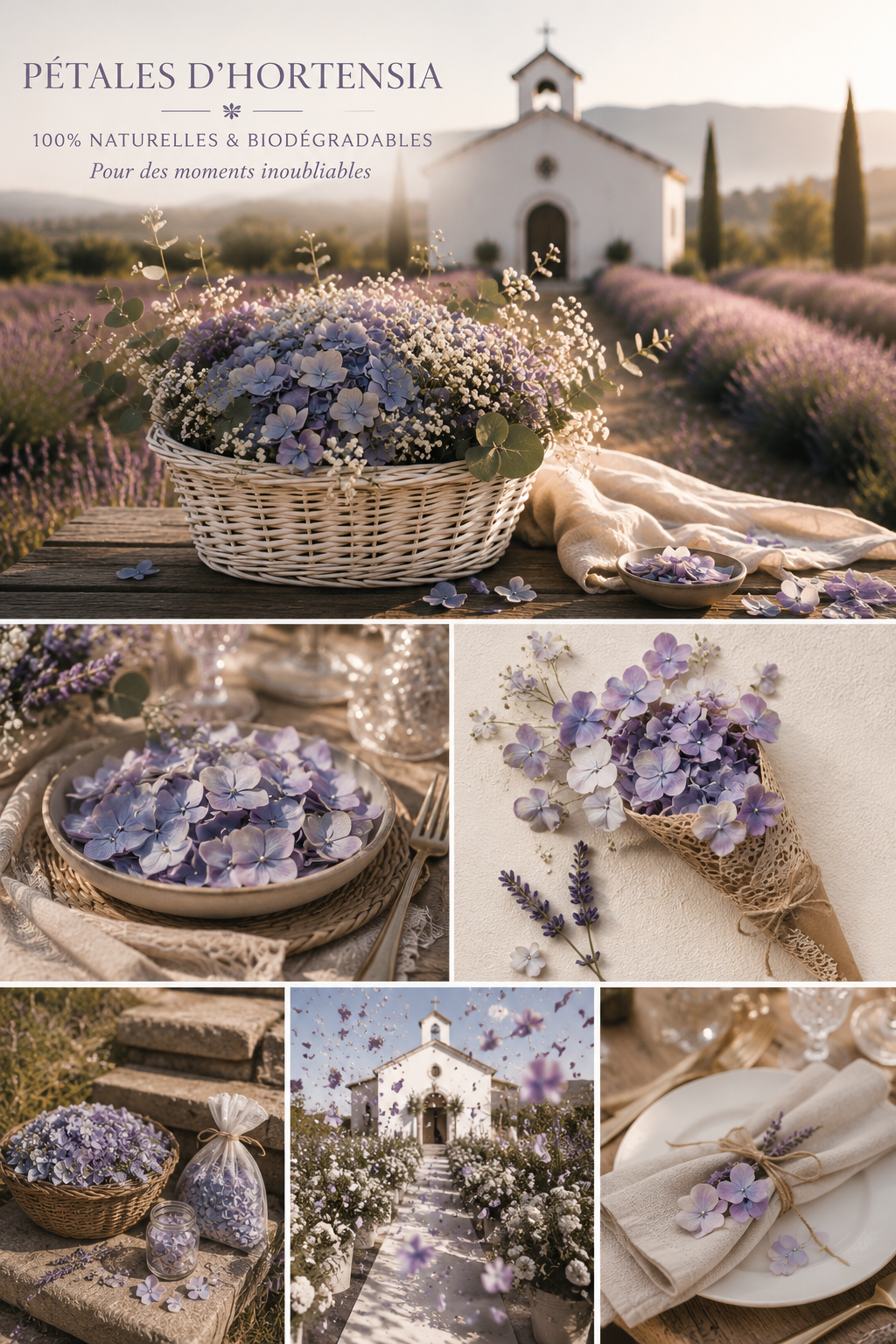 Collage hortensias lilas séchés – corbeille en lavande, assiette garnie, cornet kraft, sachet et chapelle provençale | The Originea