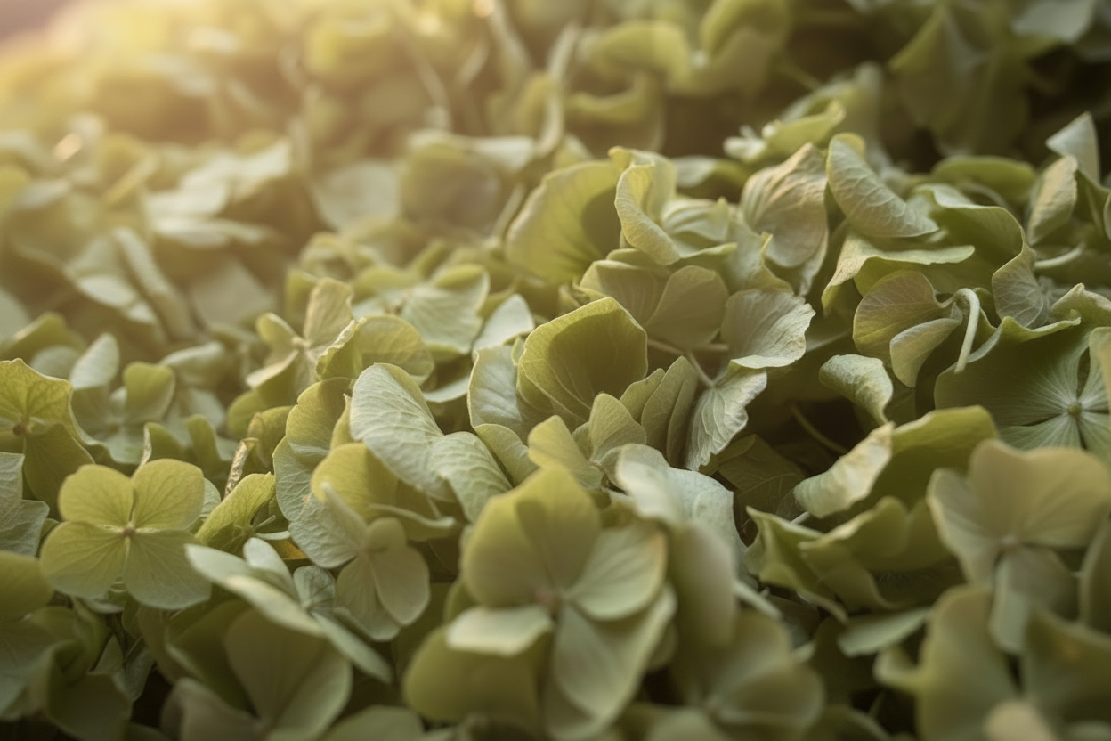 Macro plein cadre pétales d'hortensia vert séchés — texture naturelle vert sauge, confettis mariage 100% biodégradables | The Originea