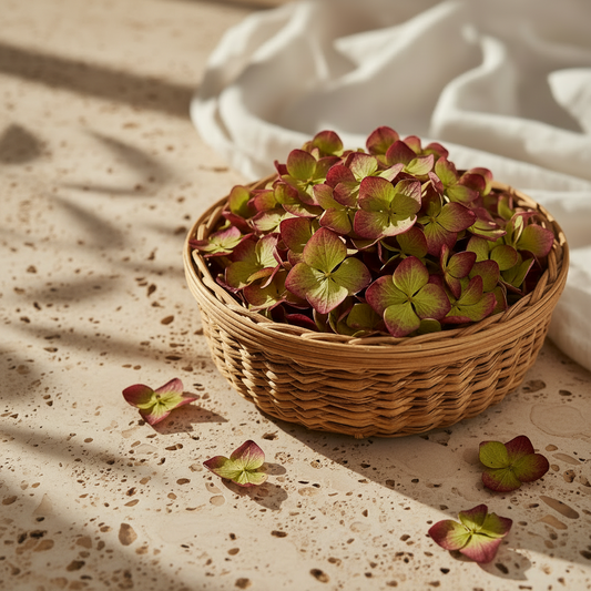 Pétales d'hortensias vert antique séchés dans un vase en verre cristal, village provençal en arrière-plan – The Originea