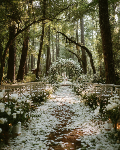 Allée de cérémonie de mariage en forêt enchantée parsemée de pétales de rose blanc séchés — The Originea