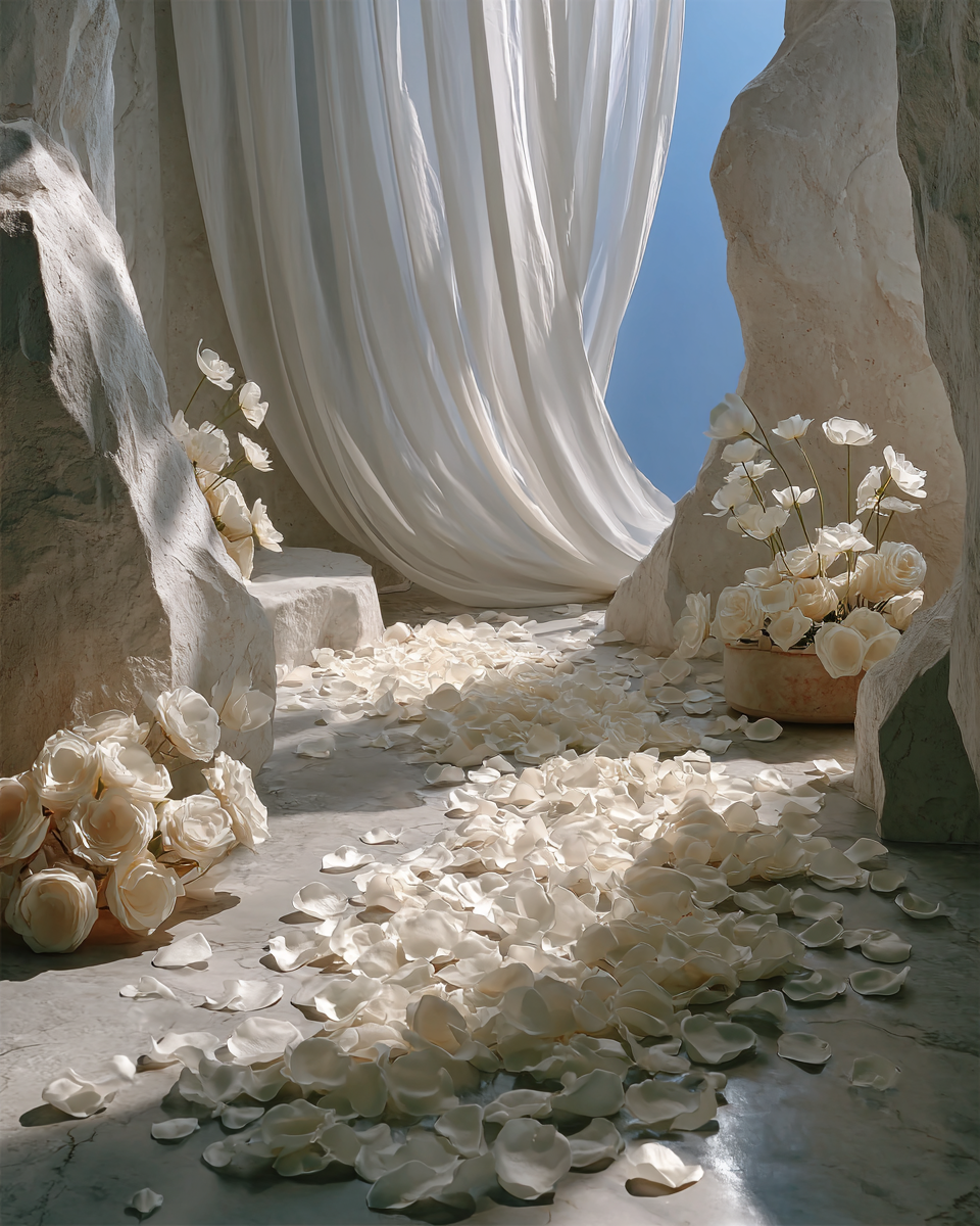 Chemin de pétales de rose blanc séchés dans un décor minéral drapé de voile — décoration mariage The Originea