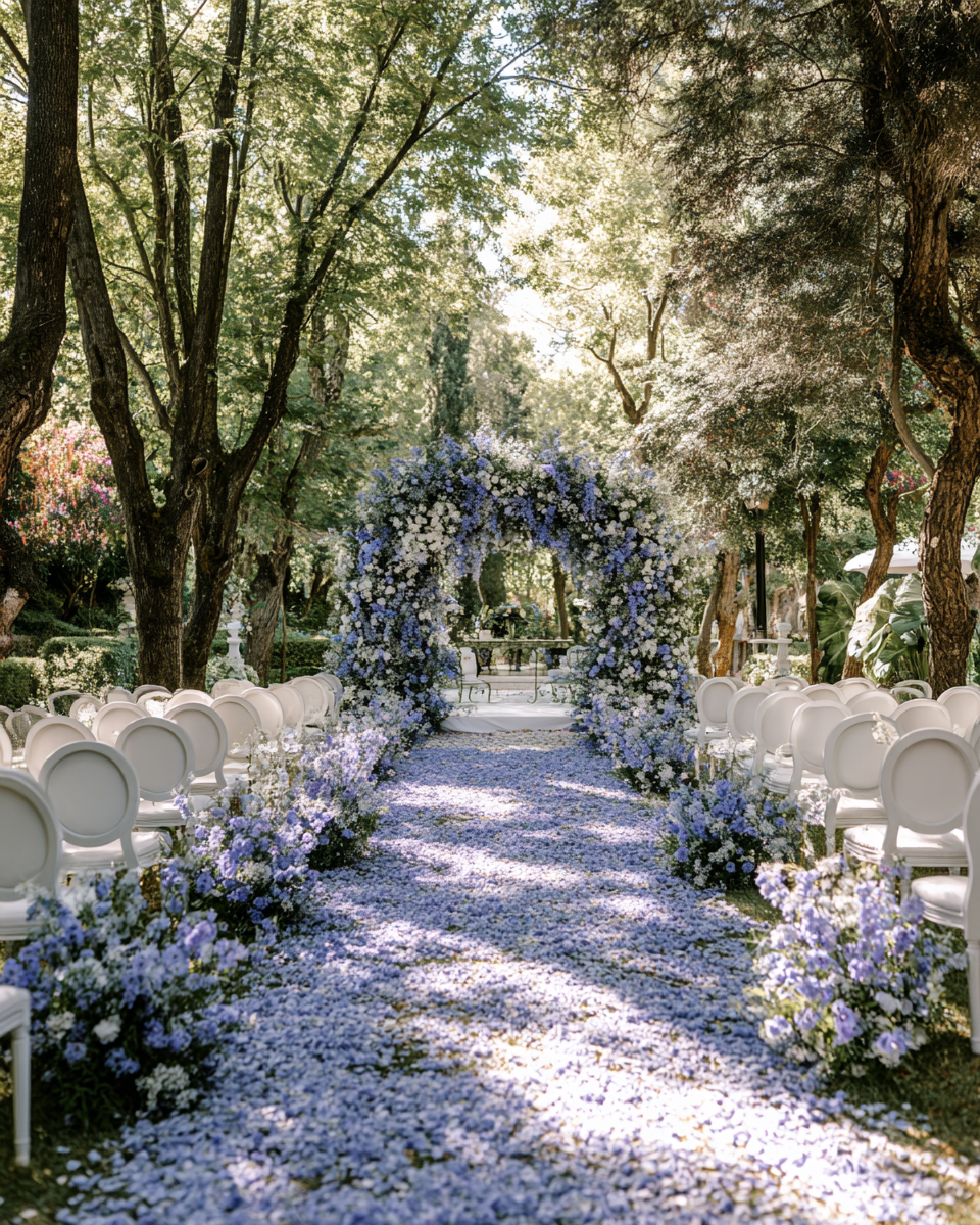 Pétales de rose bleu violet conservés — chemin d'allée de cérémonie de mariage jardin avec arche florale bleue | The Originea