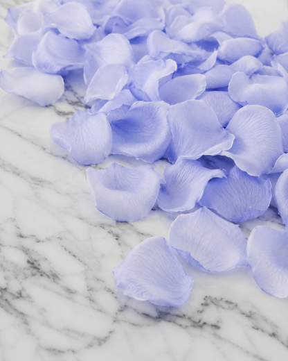 Pétales de rose bleu violet conservés — macro de confettis mariage biodégradables sur marbre blanc, teinte lavande naturelle | The Originea