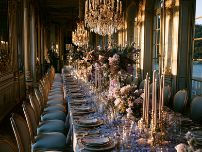 Pétales de rose bleu violet conservés en décoration de table de mariage château avec lustre et bougies | The Originea