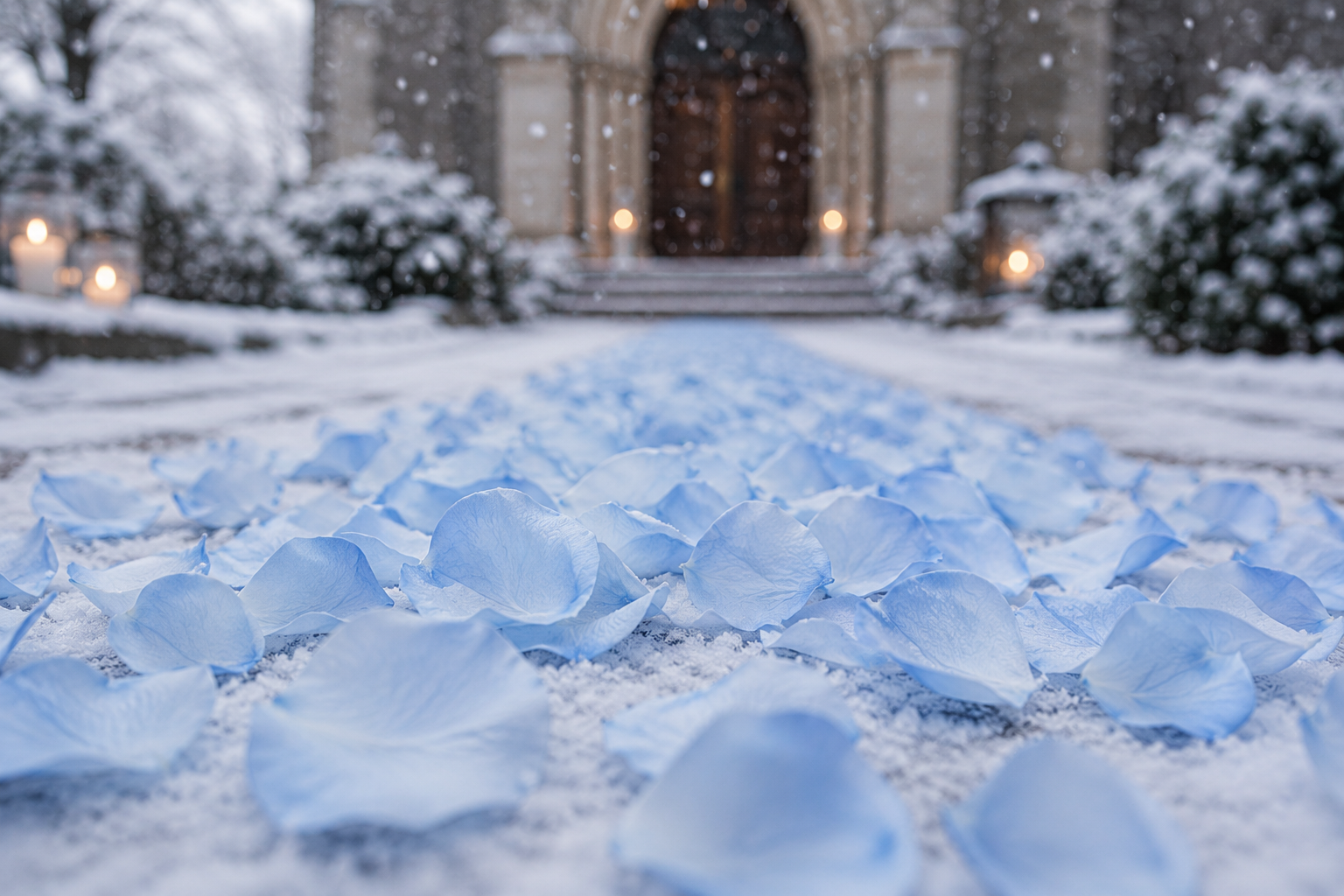 Allée d'église parsemée de pétales de rose bleue séchés pour cérémonie de mariage d'hiver — The Originea