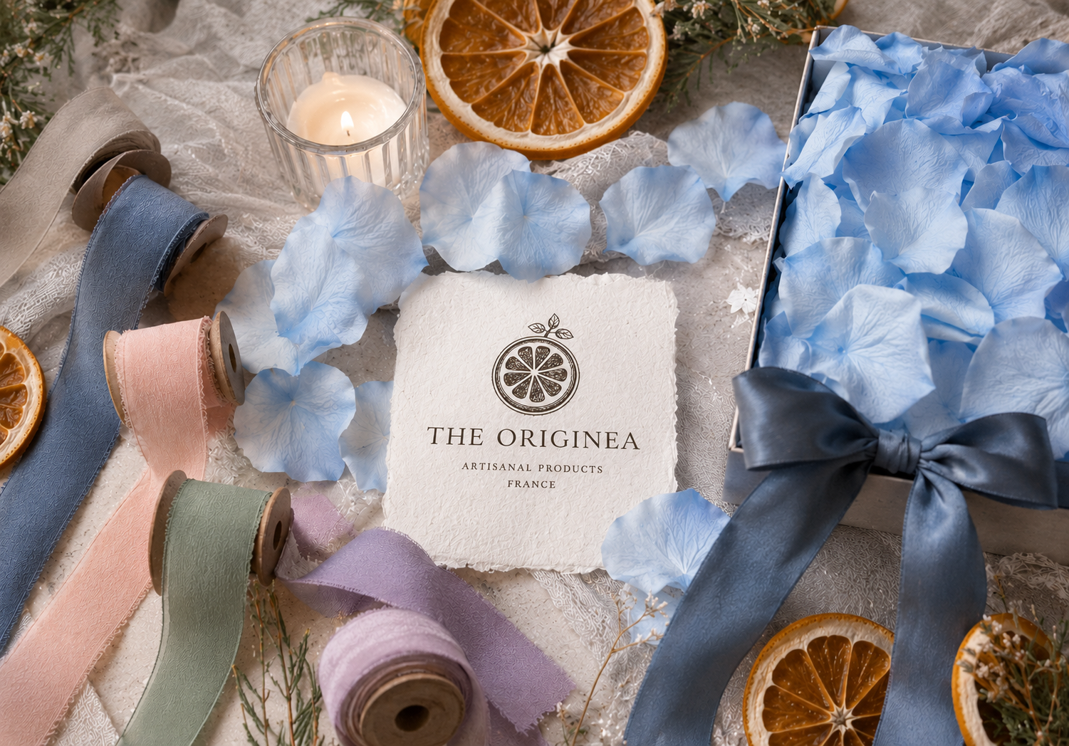Boîte cadeau de pétales de rose bleue séchés avec ruban gris et carton artisanal The Originea