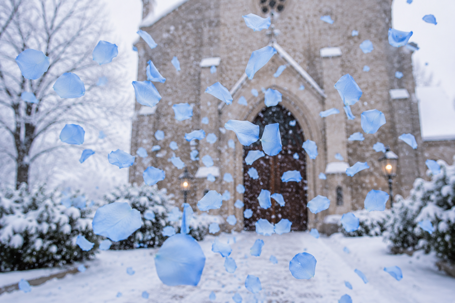 Pétales de rose bleue séchés lancés dans les airs devant une chapelle — confettis mariage biodégradables The Originea