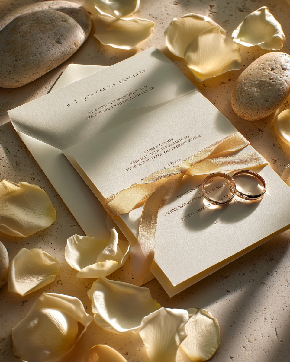 Invitation de mariage, alliance et pétales de rose champagne séchés | The Originea