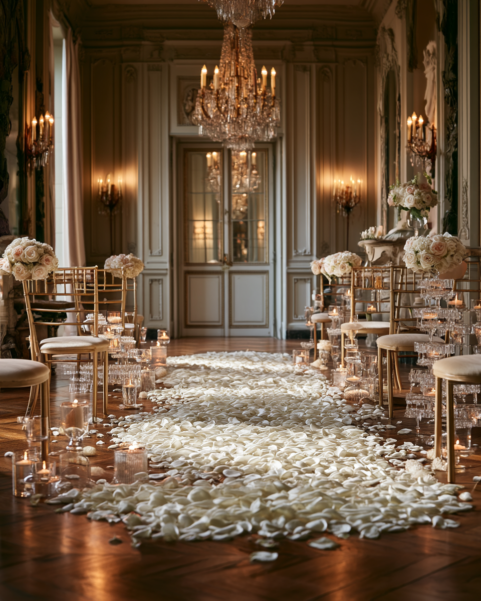 Mariés sous une pluie de pétales de rose champagne séchés en intérieur | The Originea