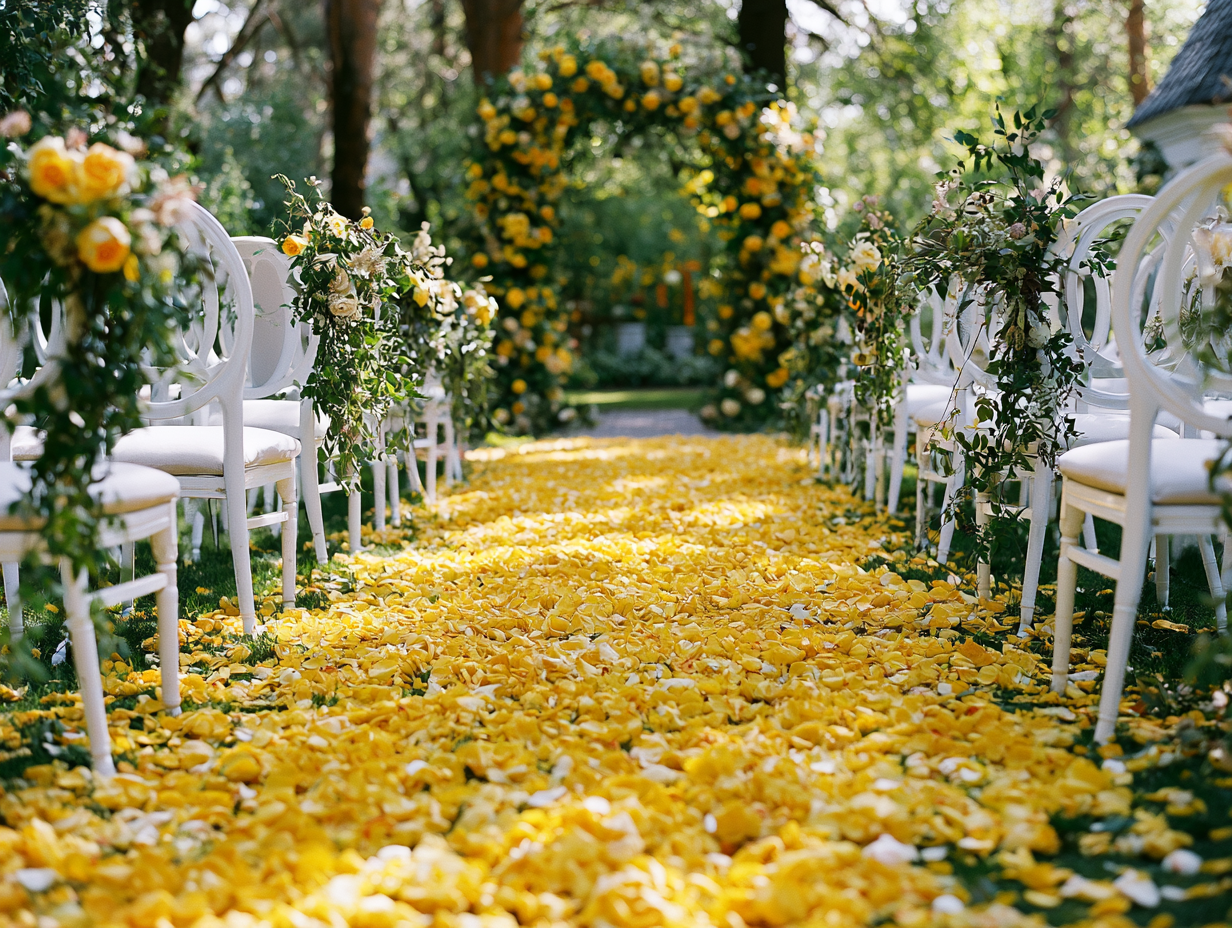 Chemin de pétales de rose ocre sur allée de cérémonie de mariage en extérieur — décoration Provence dorée | The Originea