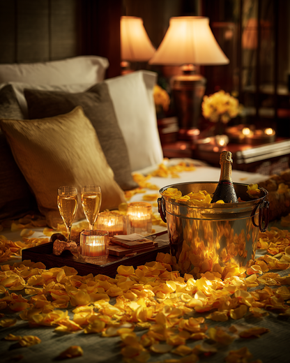 Pétales de rose ocre en décoration de suite nuptiale avec champagne et bougies — ambiance romantique dorée | The Originea
