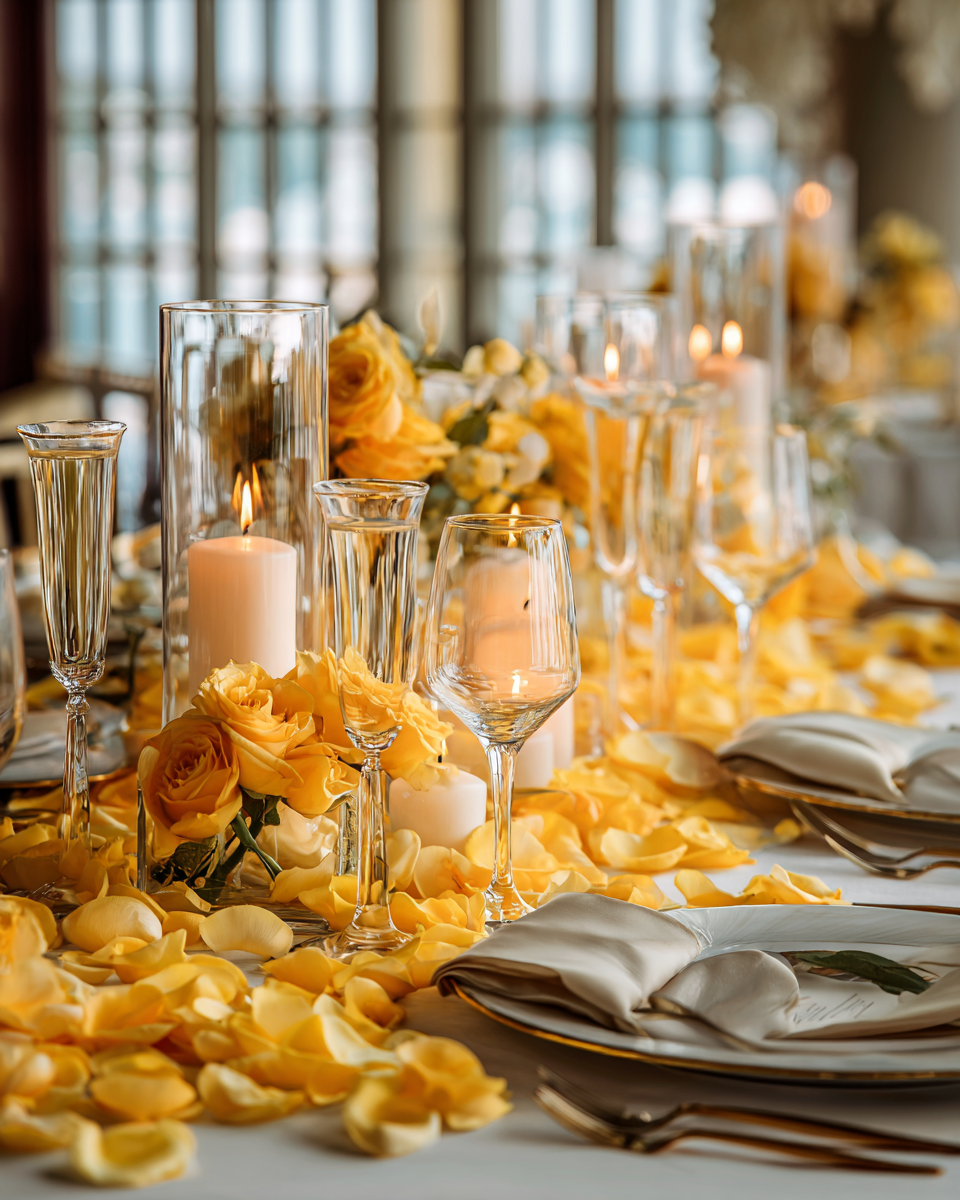 Pétales de rose ocre en décoration de table de mariage avec roses jaunes, verres cristal et bougies | The Originea