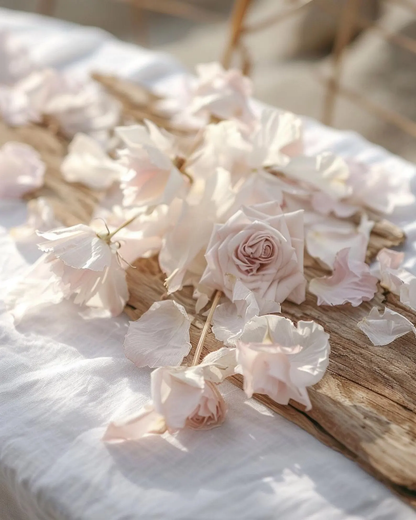 Roses séchées pâle et pétales sur bois flotté — décoration mariage romantique | The Originea