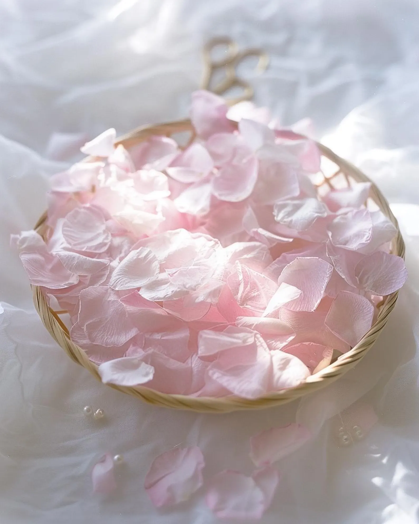 Pétales de rose pâle séchés dans un panier en osier — confettis mariage biodégradables | The Originea