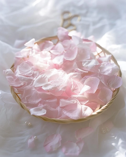 Pétales de rose pâle séchés dans un panier en osier — confettis mariage biodégradables | The Originea