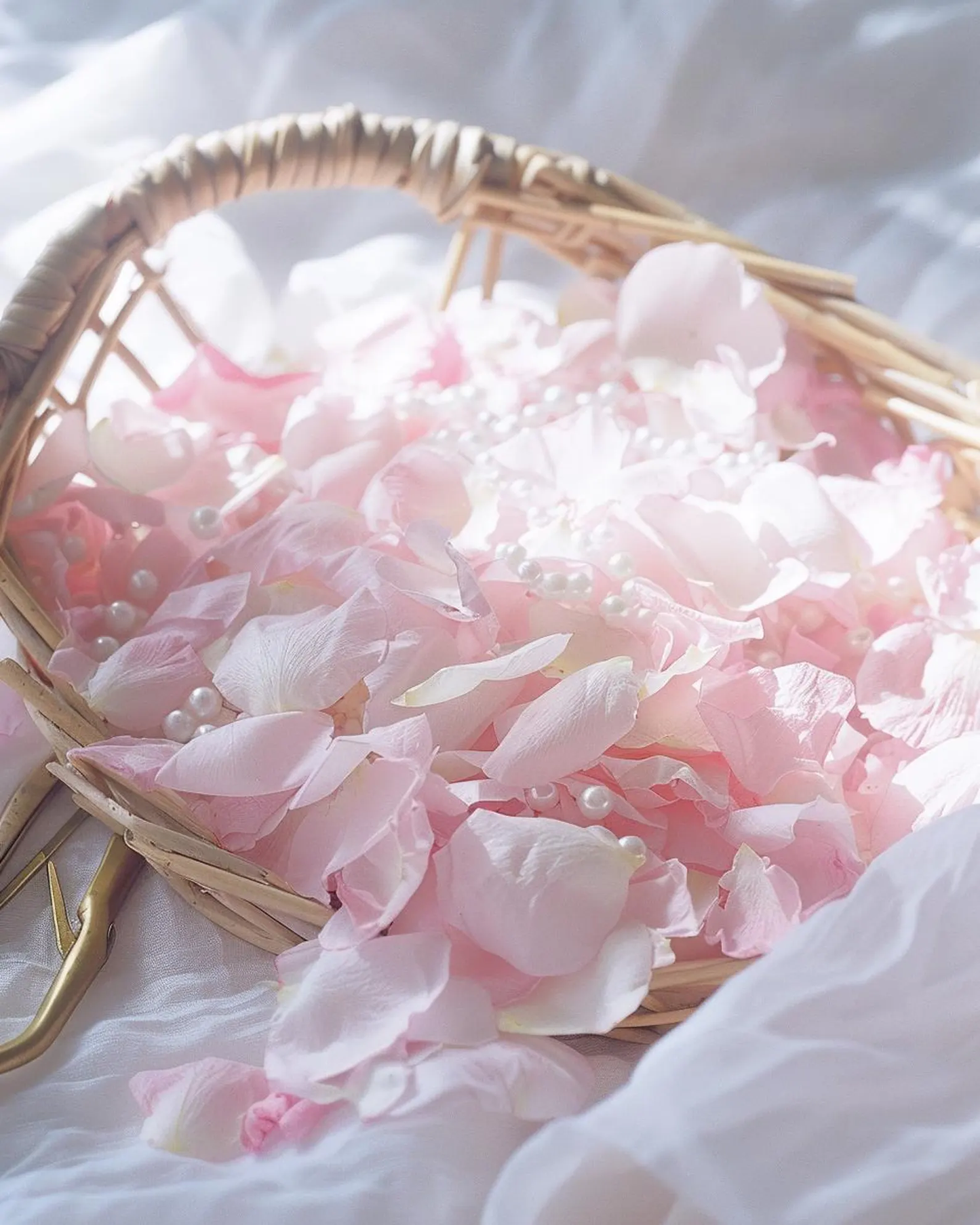 Pétales de rose pâle séchés et perles dans un panier — confettis mariage élégants | The Originea