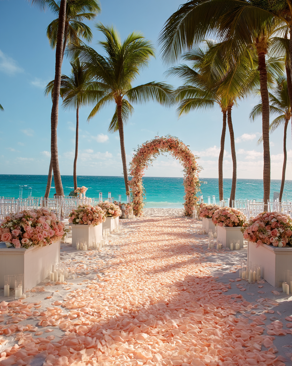 Pétales de rose pêche pastel — allée de cérémonie de mariage sur plage avec palmiers, océan turquoise et arche florale | The Originea