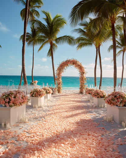 Pétales de rose pêche pastel — allée de cérémonie de mariage sur plage avec palmiers, océan turquoise et arche florale | The Originea