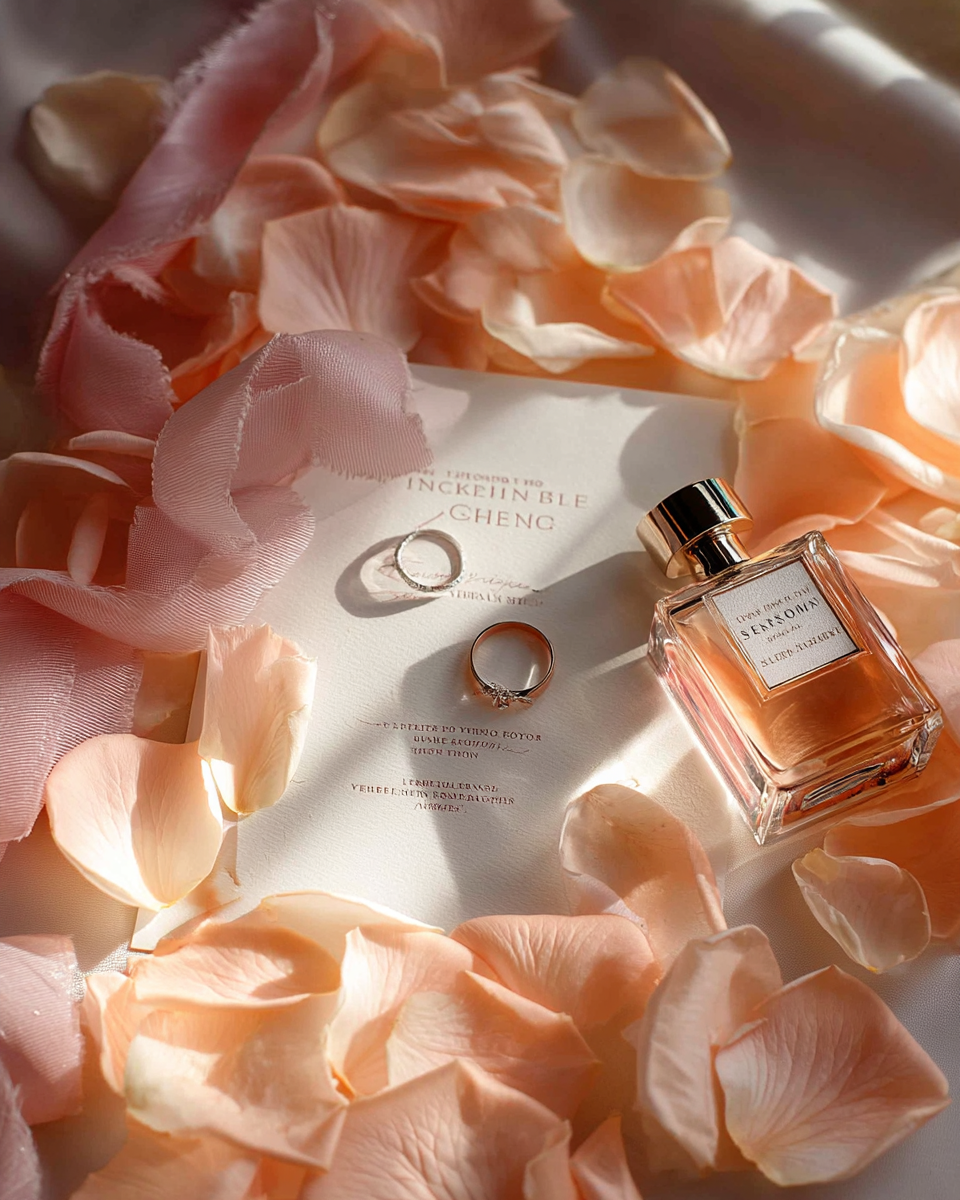 Pétales de rose pêche pastel en flat-lay avec invitation, parfum et bague de mariage — détails mariage romantique | The Originea