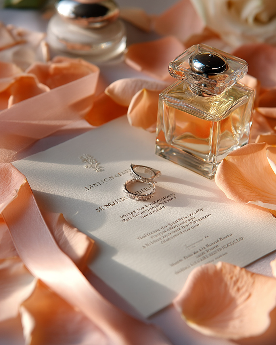 Pétales de rose pêche pastel en flat-lay avec parfum, bagues de mariage et invitation — détails romantiques au soleil | The Originea