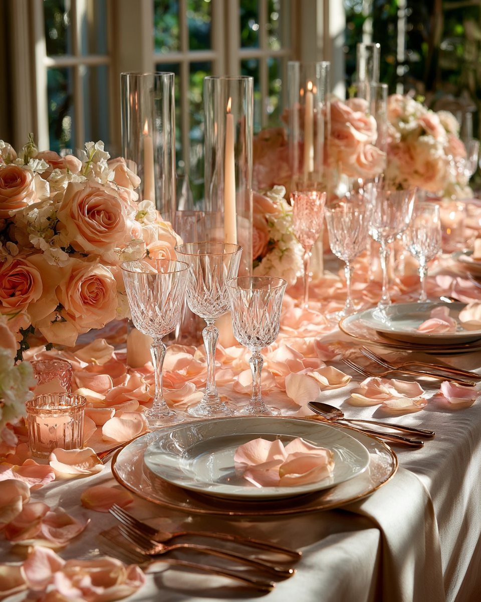 Pétales de rose pêche pastel sur table dressée avec roses, verres cristal et bougies — décoration mariage romantique | The Originea