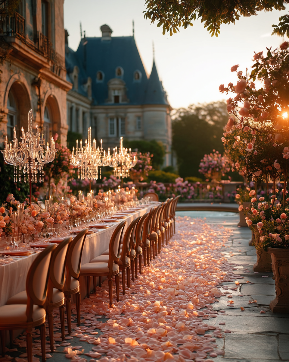 Pétales de rose pêche pastel en décoration de table de mariage château avec chandeliers au coucher du soleil | The Originea