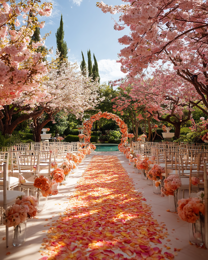 Pétales de rose rose et pêche — allée de cérémonie de mariage jardin cerisiers en fleurs avec arche florale corail | The Originea