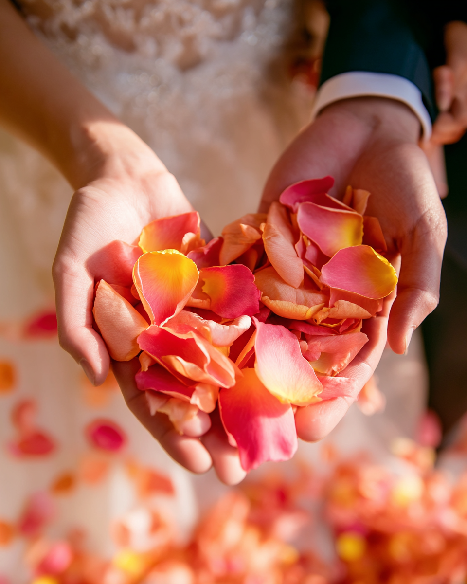 Mains de mariés formant un cœur avec des pétales de rose rose et pêche — confettis mariage romantique corail | The Originea