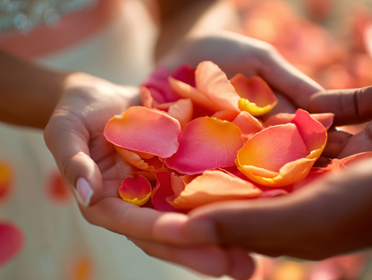 Mains de mariés tenant une poignée de pétales de rose rose et pêche — confettis mariage biodégradables corail | The Originea