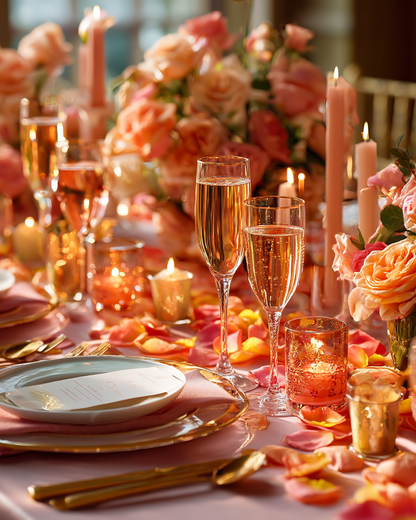 Pétales de rose rose et pêche sur table dressée avec flûtes de champagne, bougies et roses corail | The Originea