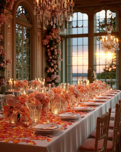Pétales de rose rose et pêche en décoration de table de mariage château avec chandelier et coucher de soleil | The Originea