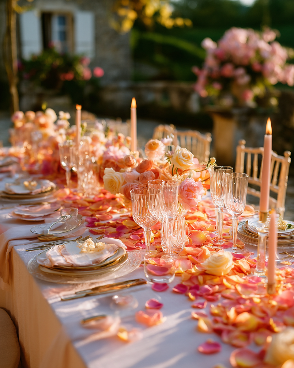 Pétales de rose rose et pêche sur table de mariage mas en pierre avec bougies au coucher du soleil romantique | The Originea