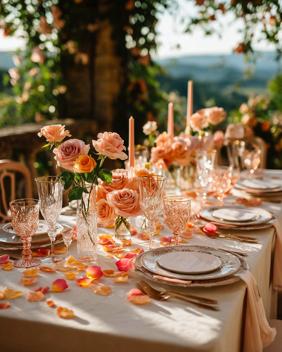 Pétales de rose rose et pêche sur table de mariage toscane avec roses et vue sur vallée au coucher du soleil | The Originea