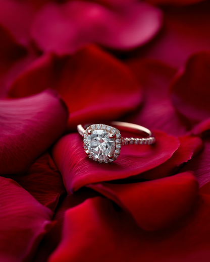 Pétales de rose rouge — bague de fiançailles diamant posée sur pétales rouge profond, gros plan romantique | The Originea