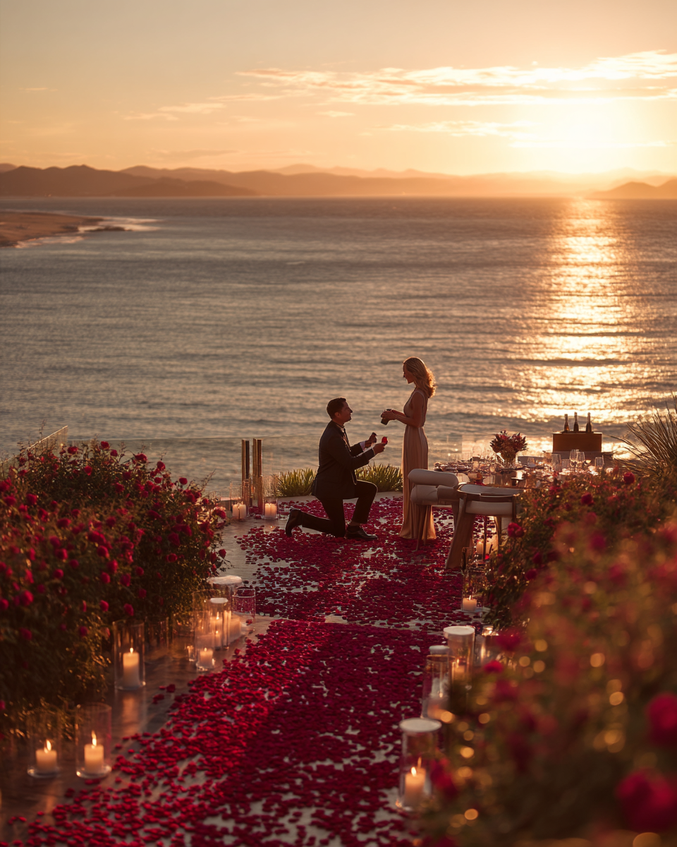 Pétales de rose rouge — demande en mariage au bord de mer au coucher du soleil avec chemin de pétales et bougies | The Originea