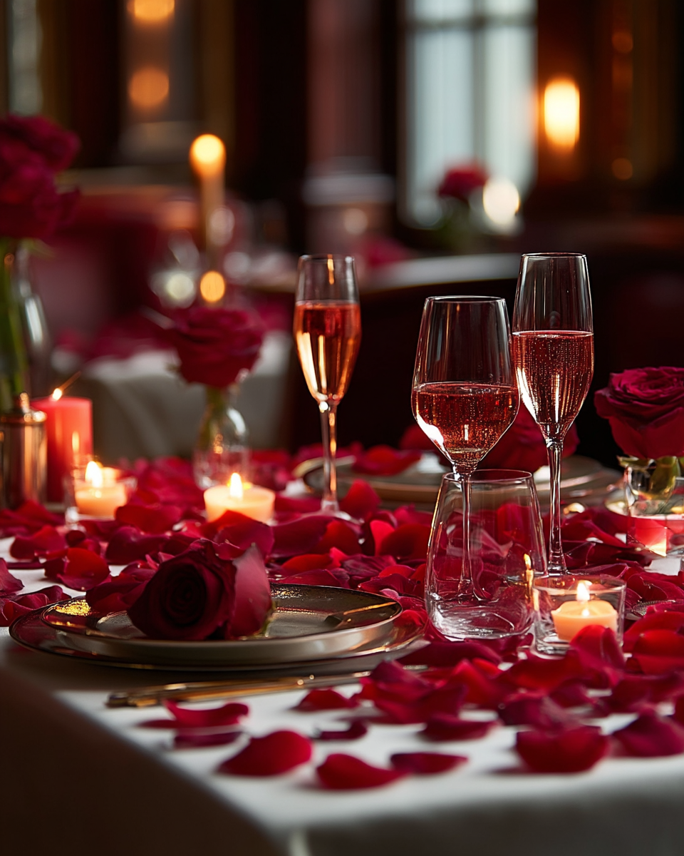 Pétales de rose rouge sur table de dîner romantique avec champagne, roses et bougies — Saint-Valentin | The Originea