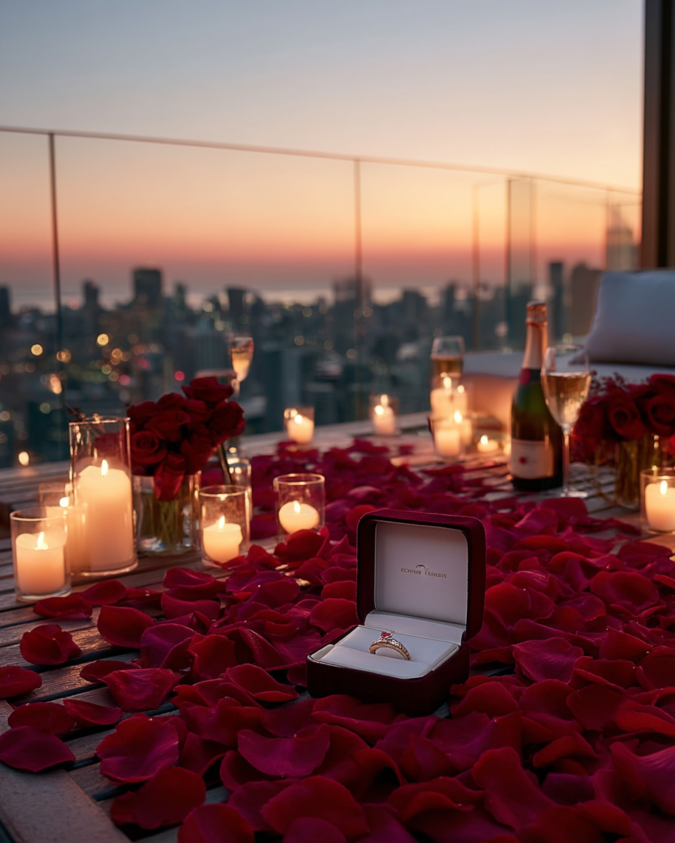Pétales de rose rouge — écrin de bague sur rooftop avec vue ville, champagne et bougies pour demande en mariage | The Originea