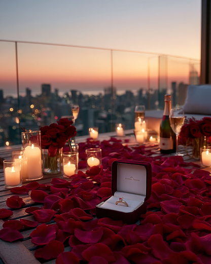 Pétales de rose rouge — écrin de bague sur rooftop avec vue ville, champagne et bougies pour demande en mariage | The Originea