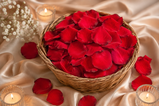 Corbeille en osier débordante de pétales de rose rouge foncé sur tissu satiné doré avec bougies | The Originea