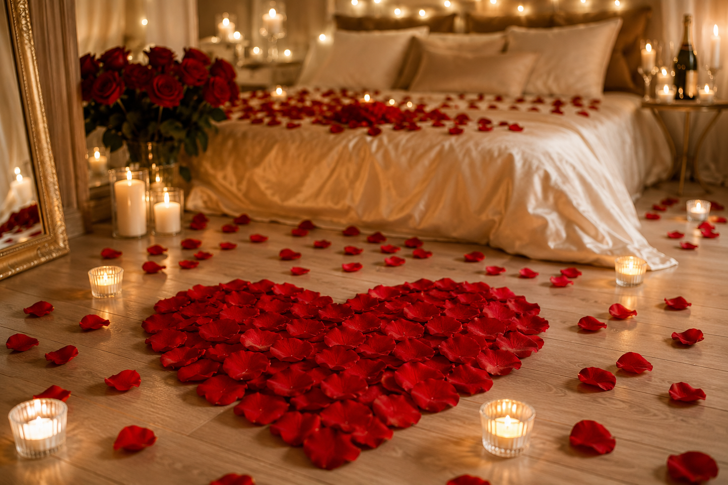 Cœur de pétales rouge foncé sur parquet avec chambre décorée de bougies et bouquets de roses rouges | The Originea
