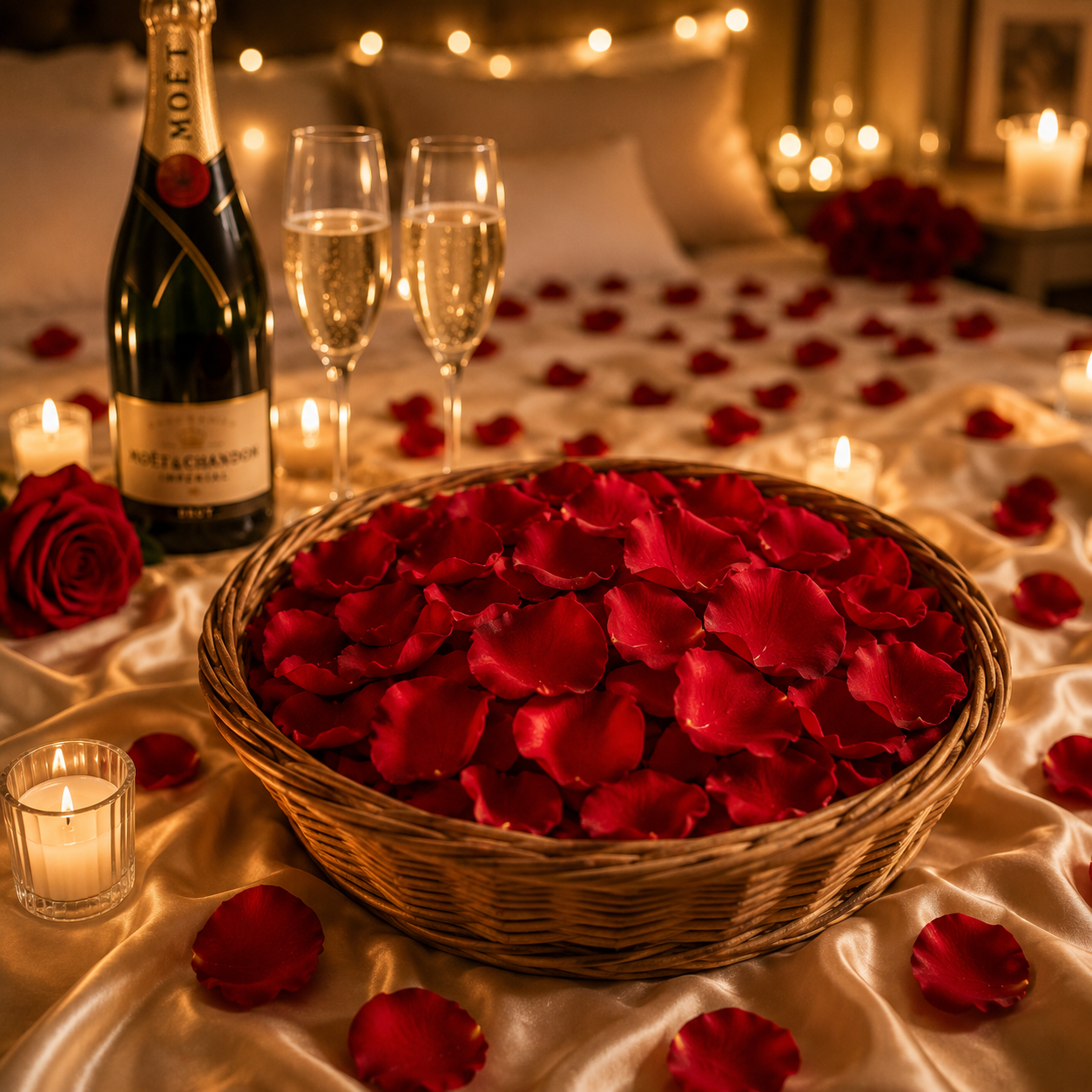 Corbeille en osier remplie de pétales rouge foncé avec champagne Moët & Chandon sur lit de satin | The Originea